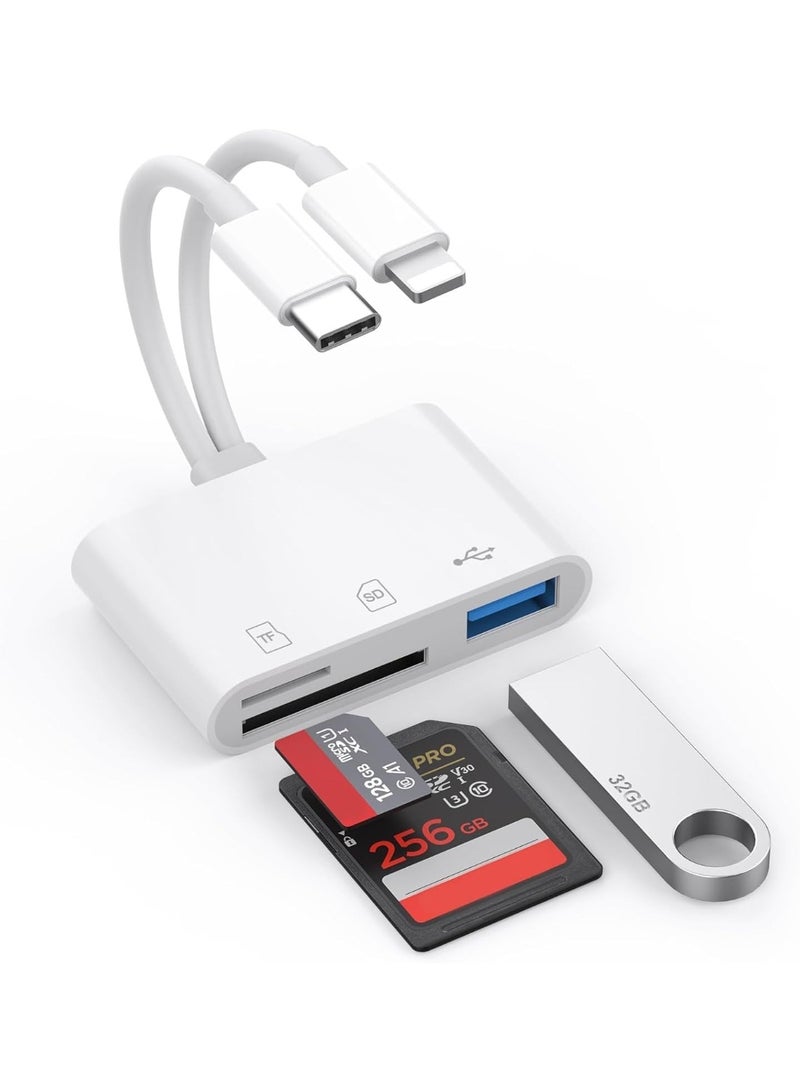 SD Card Reader for iPhone iPad Mac, Lightning & USB-C Dual Connectors Memory Card Reader with SD/Micro SD/USB-A 3 Slots, Digital Camera Adapter to iPhone, Plug & Play - Image 1