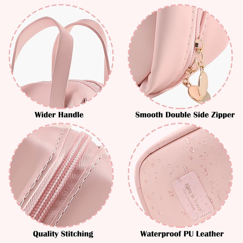 RELEMTRA Travel Makeup Bag Portable Cosmetic Bag with Compartments for Women PU Leather Waterproof Small Makeup Bag with Handle Stylish and Exquisite Design Ample Capacity Easy to Clean Pink - Image 4