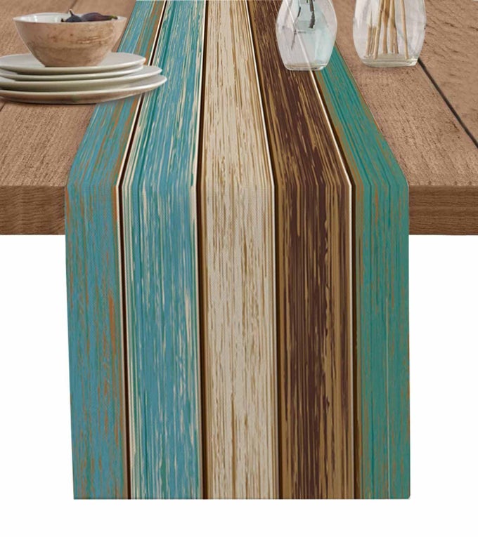 TABLE RUNNERS 14X60 INCHES LONG TEAL TURQUOISE GREEN BROWN COTTON LINEN FARMHOUSE RETRO RUSTIC BARN WOOD TEXTURE TABLECLOTHS NONSLIP PARTY TABLE DECORATIONS FOR KITCHEN HOME DINING OUTDOOR