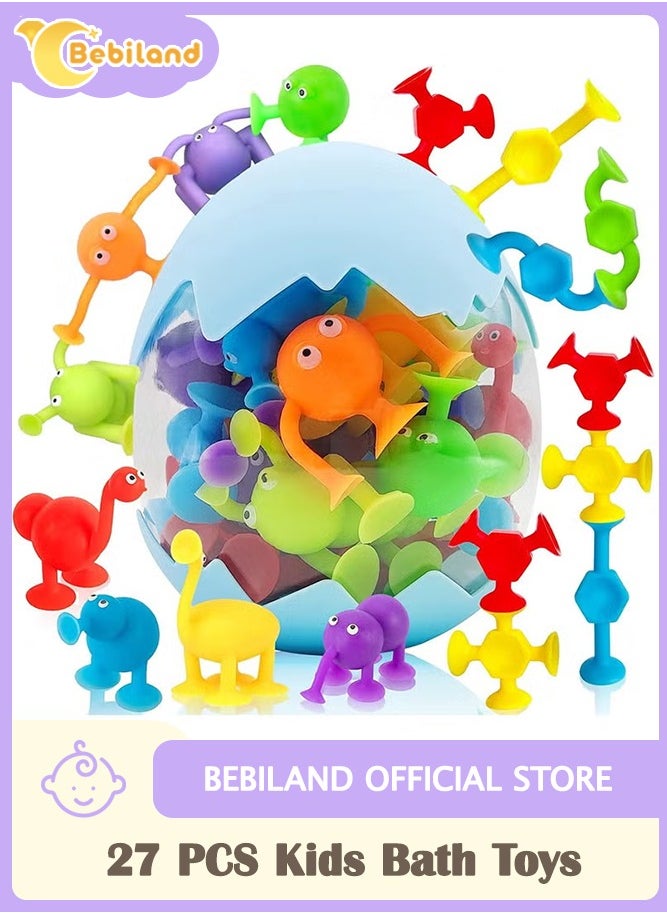 Bebiland 27 PCS Kids Bath Toys, Sensory Toys for Boys and Girls, Fidget Toys, Stress Release Toys, Sucker Toys with Silicone Building Blocks with Dinosaur Eggshell Storage (Random Color)  - Image 1