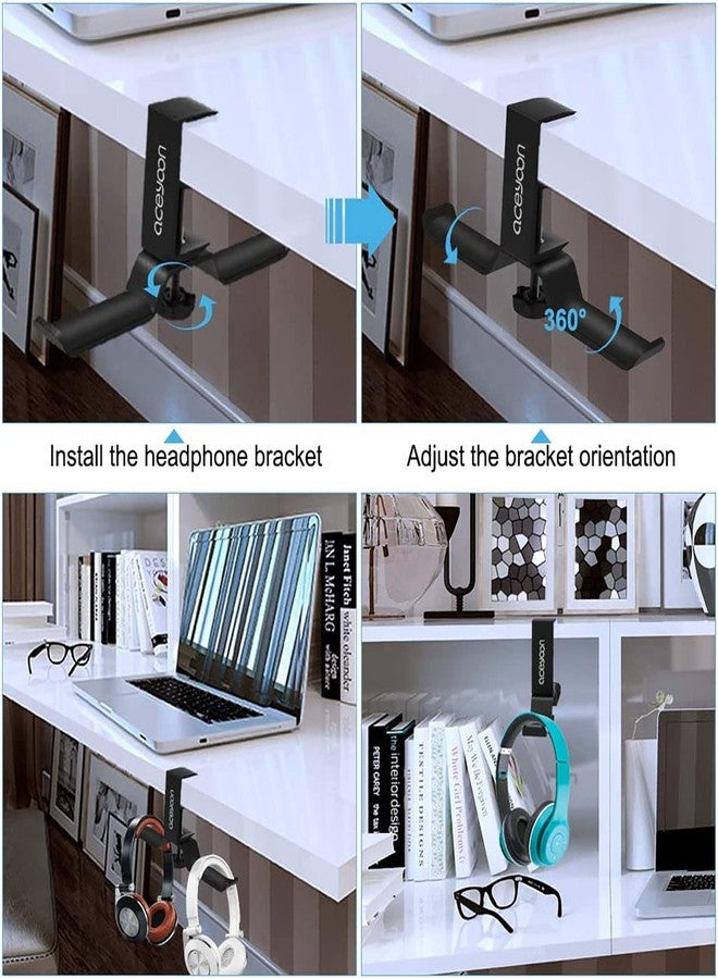 aceyoon Headphone Stand, Under Desk Hanger, Dual Headset Holder, Table Hook for Bag/Backpack/Gaming Headphone, 360 Rotatable - Image 3
