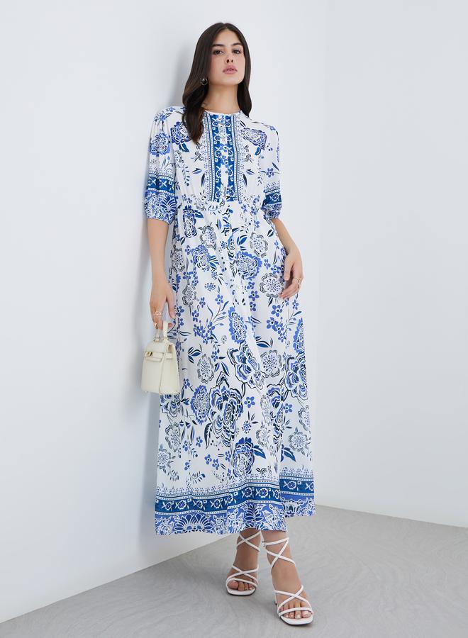 Styli All-Over Print Maxi Dress with Button Front - Image 1