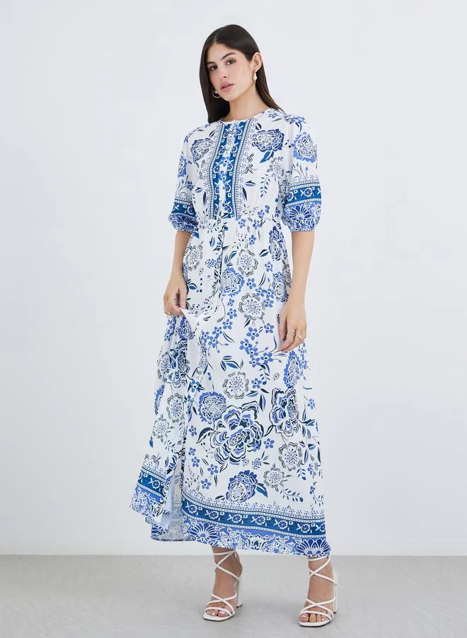 ستايلي Styli All-Over Print Maxi Dress with Button Front