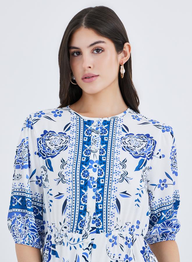 Styli All-Over Print Maxi Dress with Button Front - Image 4