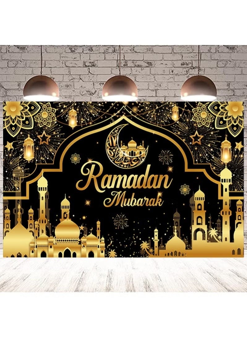 لافتة خلفية باللونين الأسود والذهبي لعيد رمضان مبارك، لافتة عيد كريم للمسلمين، دعائم كشك تصوير لتزيين حفلات رمضان في المنزل والحديقة - 180 × 110 سم - view 2