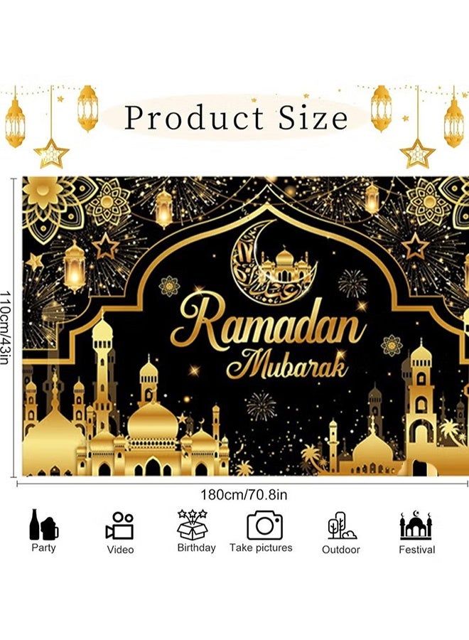 لافتة خلفية باللونين الأسود والذهبي لعيد رمضان مبارك، لافتة عيد كريم للمسلمين، دعائم كشك تصوير لتزيين حفلات رمضان في المنزل والحديقة - 180 × 110 سم - view 4