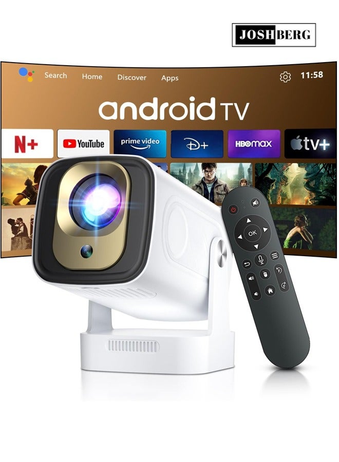 Joshberg 4K Smart Projector with WiFI 6 and Bluetooth 5.4,1080P Native Mini Projectors, 300 ANSI Android 11,180° Rotatable,Short Throw Projector w Built in Apps, Auto Keystone Correction,35"-130" Screen Video Projector,HY260pro,White
