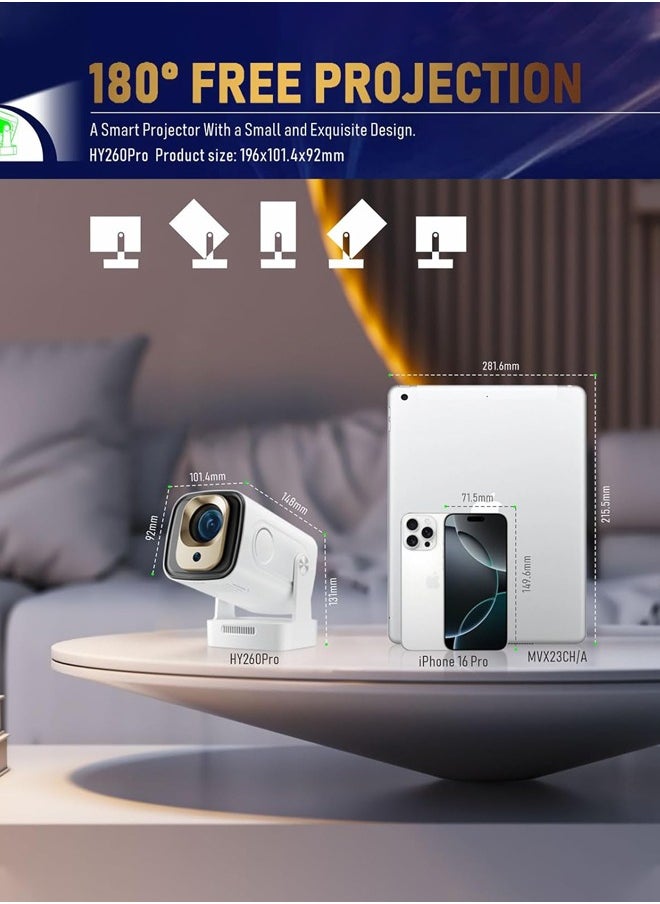 Joshberg 4K Smart Projector with WiFI 6 and Bluetooth 5.4,1080P Native Mini Projectors, 300 ANSI Android 11,180° Rotatable,Short Throw Projector w Built in Apps, Auto Keystone Correction,35"-130" Screen Video Projector,HY260pro,White  - Image 4