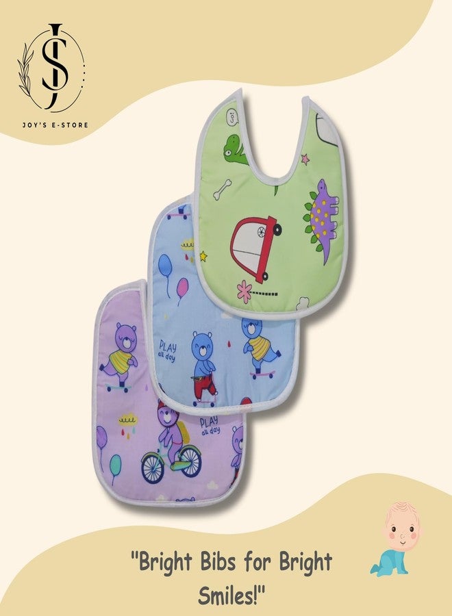 JOY'S E-STORE Assorted Baby Bibs for 0?24 Months ? Set of 3 Soft Cotton Waterproof Feeding Bibs for Newborns, Infants & Toddlers ? Reusable, Washable & Absorbent ? Multicolor Designs - 1003 Combo P10 - Image 3