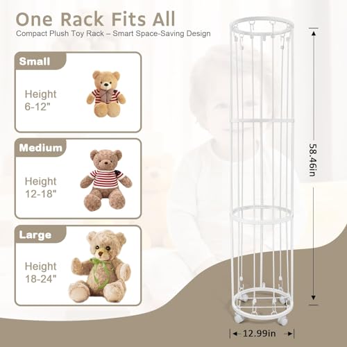 BENCHRY Stuffed Animal Storage Zoo Plushies Toy Storage Organizer Metal Tube Stuffed Animal Holder with Brake Wheels Space Saving Plush Toy Holder for Playroom Bedroom Nursery White - Image 3