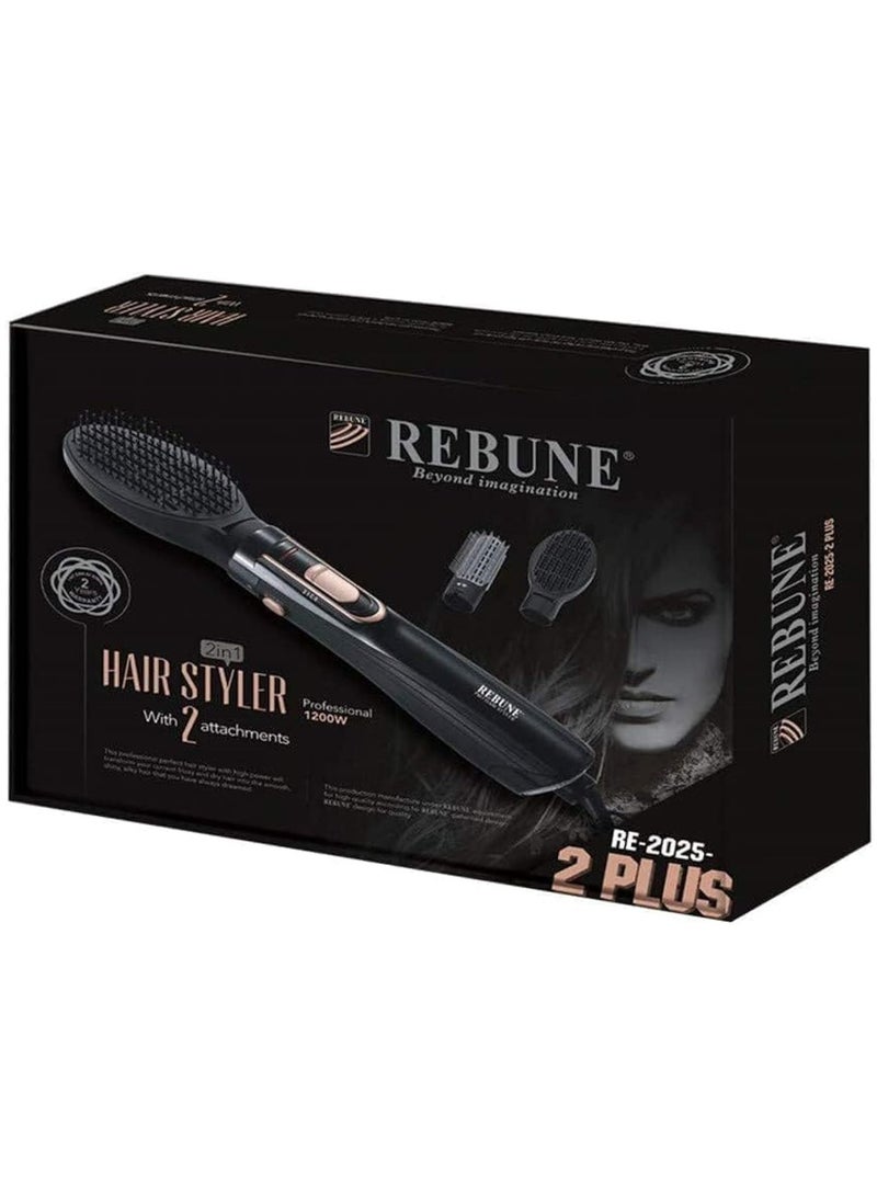 REBUNE RE-2025-2Plus 1200W Hot Air Hair Styler 3 In 1 High-Speed Motor Hair Dryer Brush With 2 Attachments Black/Gold - Image 2