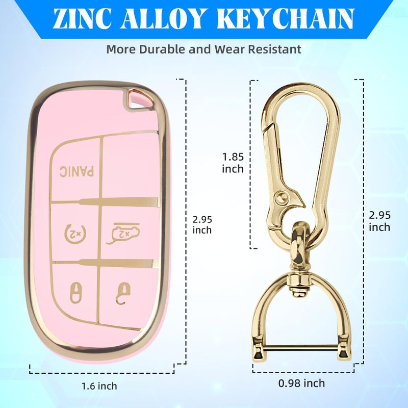 QBUC for Jeep Key Fob Cover with Keychain Soft TPU Protection Compatible with Jeep Grand Cherokee Renegade Compass and Dodge Challenger Durango RAM Chrysler 200/300(Pink with Gold Trim) - Image 3