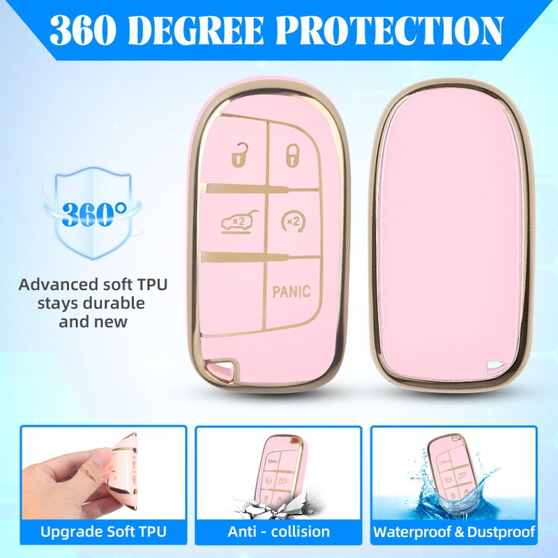 QBUC for Jeep Key Fob Cover with Keychain Soft TPU Protection Compatible with Jeep Grand Cherokee Renegade Compass and Dodge Challenger Durango RAM Chrysler 200/300(Pink with Gold Trim) - Image 5