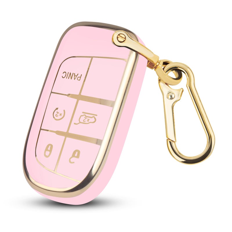 QBUC for Jeep Key Fob Cover with Keychain Soft TPU Protection Compatible with Jeep Grand Cherokee Renegade Compass and Dodge Challenger Durango RAM Chrysler 200/300(Pink with Gold Trim) - Image 1