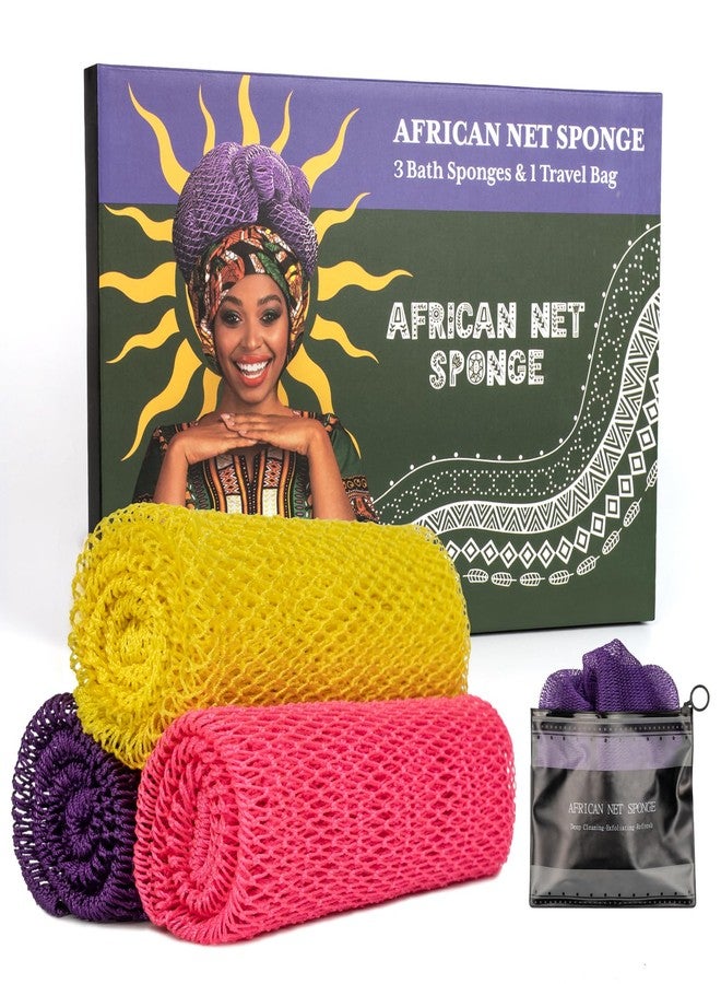 Bathway African Net Sponge Authentic 3 Pieces with Storage Bag, African Exfoliating Net Sponge Washcloth, Exfoliating Body Scrubber Bath Sponge Bathing Accessories (Rose, Purple, Bright Yellow) - Image 1