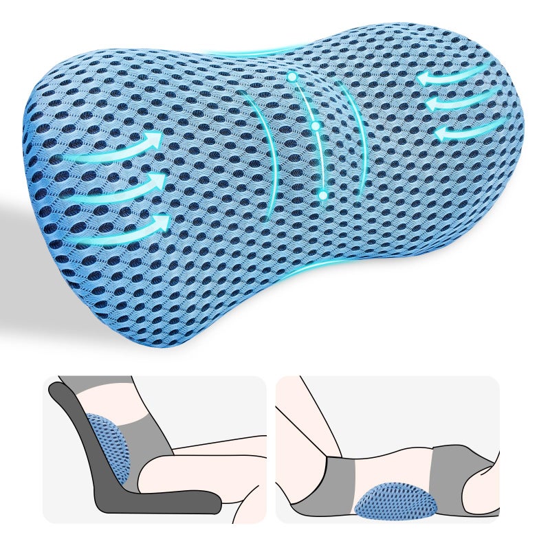 kasney Lumbar Support Pillow Back Pillow for Low Back Pain Relief Ergonomic Streamline Car Seat Office Chair Recliner and Bed Blue