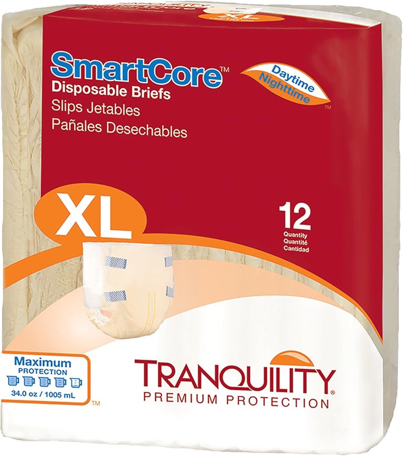 Tranquility SmartCore Adult Disposable Briefs Incontinence Control with Breathable Kufguard Technology Fastening Tabs Wetness Indicator LatexFree Adult XLarge 34oz Capacity 12ct Bag - Image 1