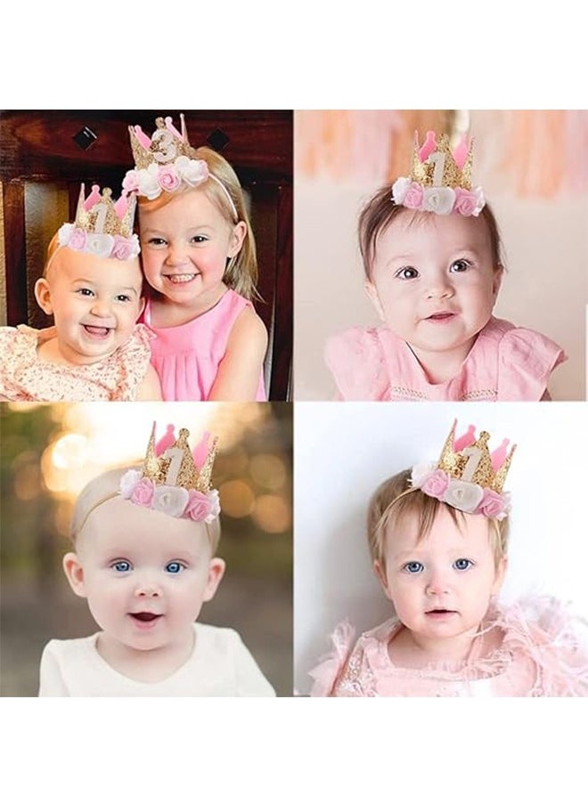 HY - Baby Birthday Crown, Princess Crowns Tiara Girls Party Hat With Gold Glitter and Pink Roses for Birthday Party - Image 1