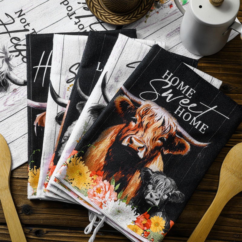 Bencailor 6 Pcs Highland Cow Flowers Kitchen Decor Towels and Dishcloths Sets Farmhouse Kitchen Towels Western Absorbent Fast Drying Dish Cloths Hanging Reusable Dishcloths for Cooking - Image 4