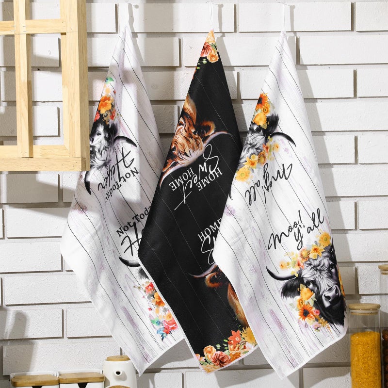 Bencailor 6 Pcs Highland Cow Flowers Kitchen Decor Towels and Dishcloths Sets Farmhouse Kitchen Towels Western Absorbent Fast Drying Dish Cloths Hanging Reusable Dishcloths for Cooking - Image 2