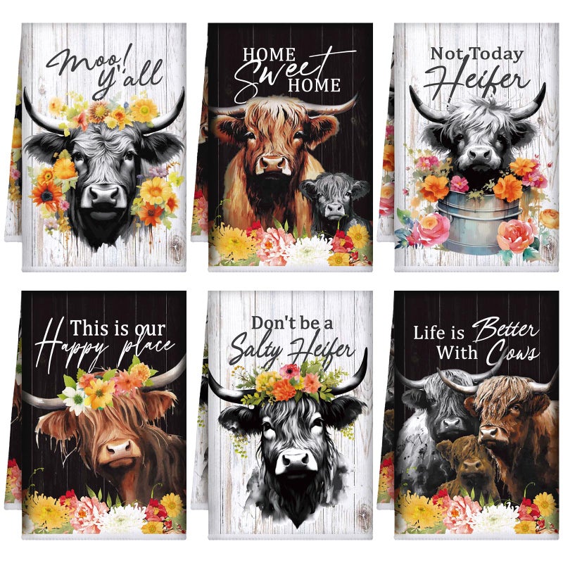 Bencailor 6 Pcs Highland Cow Flowers Kitchen Decor Towels and Dishcloths Sets Farmhouse Kitchen Towels Western Absorbent Fast Drying Dish Cloths Hanging Reusable Dishcloths for Cooking - Image 1