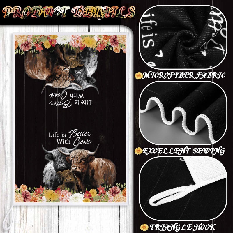 Bencailor 6 Pcs Highland Cow Flowers Kitchen Decor Towels and Dishcloths Sets Farmhouse Kitchen Towels Western Absorbent Fast Drying Dish Cloths Hanging Reusable Dishcloths for Cooking - Image 5