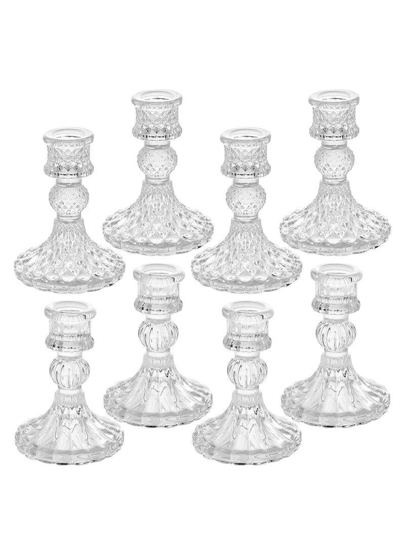 Generic Set of 8Pcs Clear Glass Candlestick Holders include Two Style Crystal and Stripe for Formal Events Wedding Festival Decoration  - Image 1