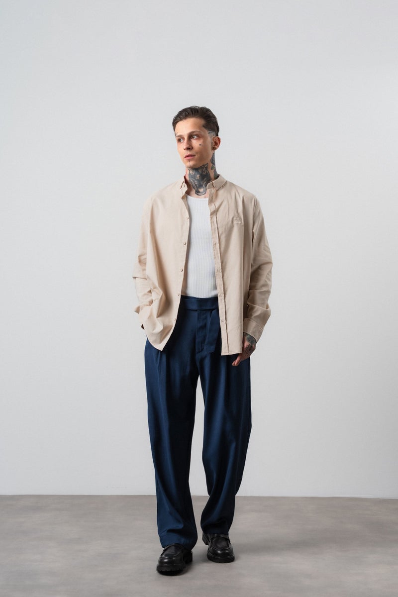 RESPIRE Men's Long-Sleeve Oversize Shirt with Embroidered Embroidered Embroidered Design, Beige - Image 5