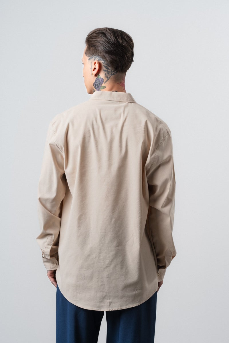 RESPIRE Men's Long-Sleeve Oversize Shirt with Embroidered Embroidered Embroidered Design, Beige - Image 3