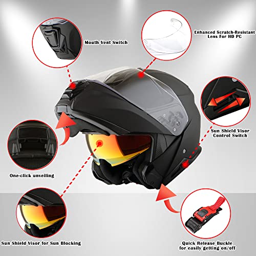 Martian Motorcycle Modular Full Face Helmet Flip up Dual Visor Sun Shield HG362 Matt Black - Image 5