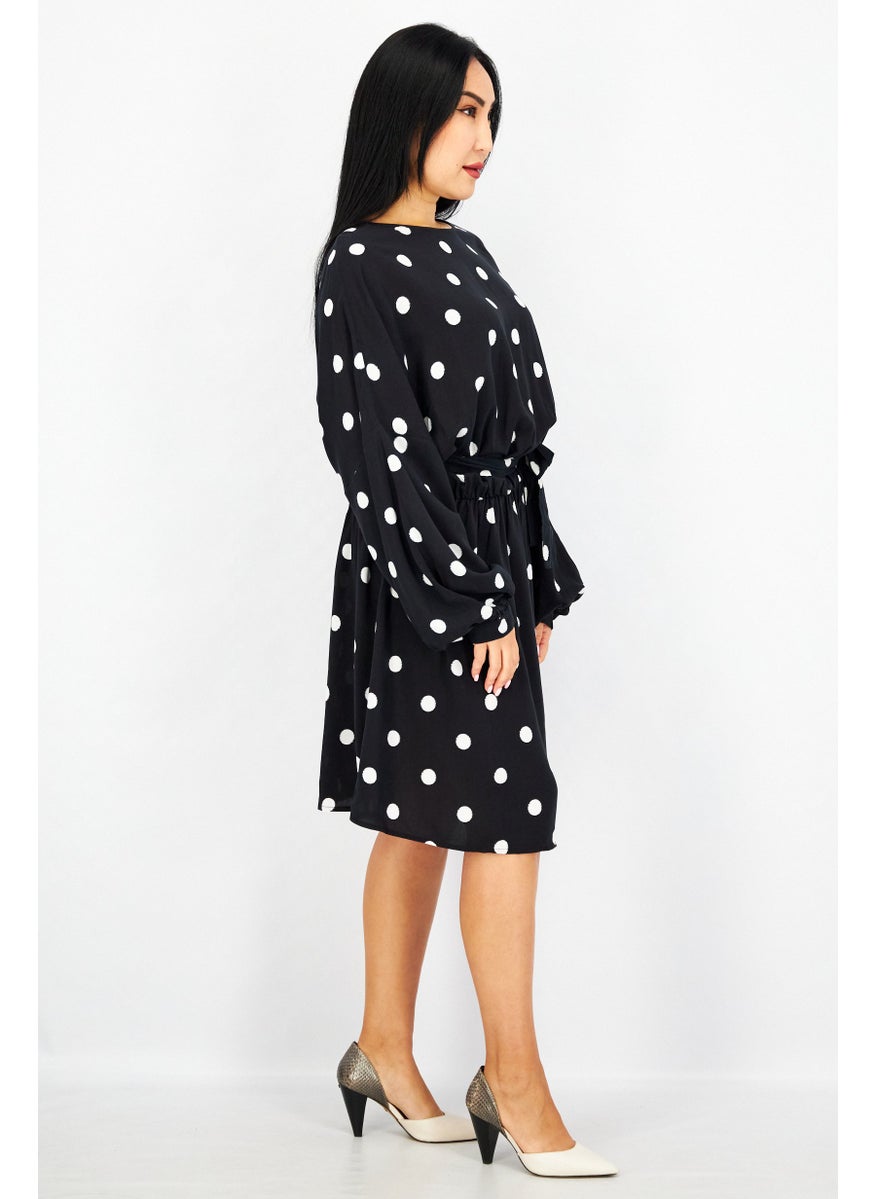 EDC Women Long Sleeve Polka Dot Belted Mini Dress, Black  - Image 2
