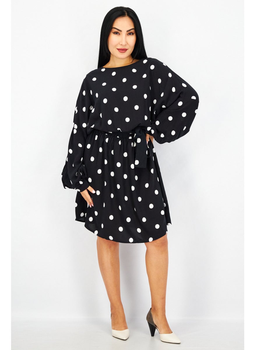 EDC Women Long Sleeve Polka Dot Belted Mini Dress, Black  - Image 1