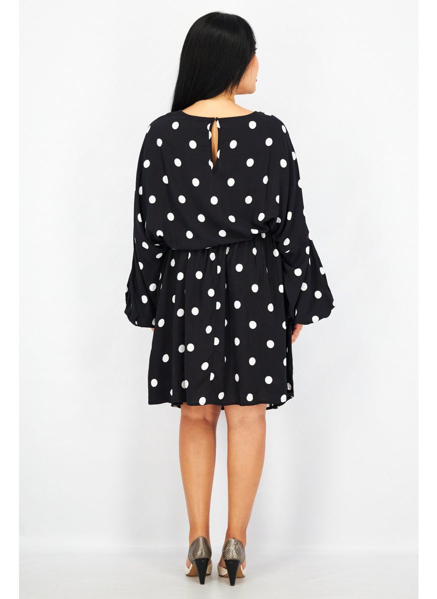 EDC Women Long Sleeve Polka Dot Belted Mini Dress, Black  - Image 3
