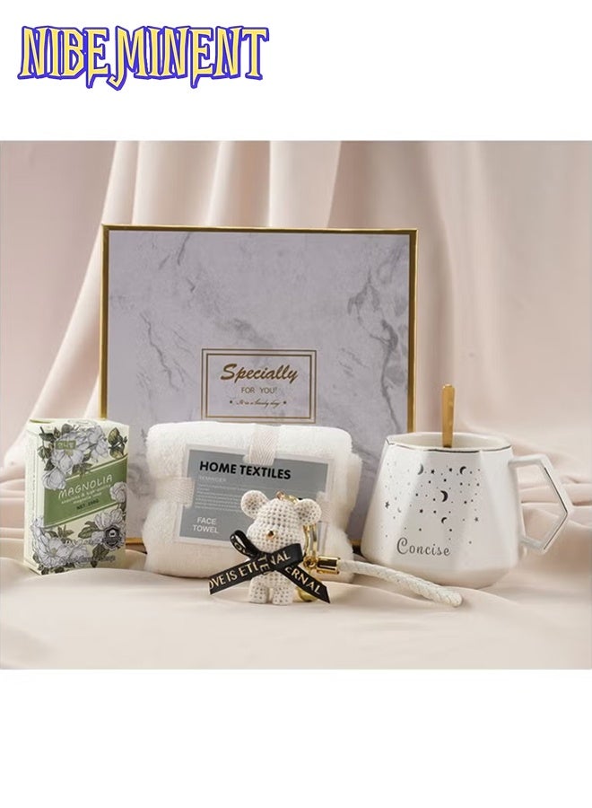 NIBEMINENT Gifts Basket for Women, Spa Gift Set for Women, Birthday Gifts for Women Mom Sister Girls Ladies, Ceramic Cups & Spoons, Towels, Soap, Key Chains - Image 2