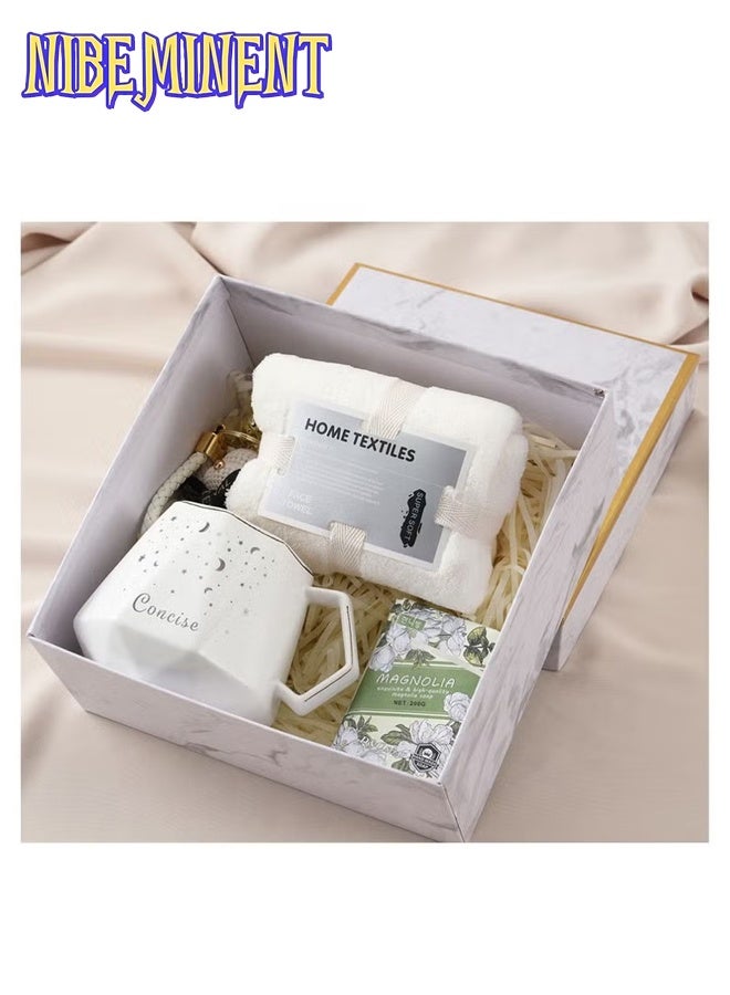 NIBEMINENT Gifts Basket for Women, Spa Gift Set for Women, Birthday Gifts for Women Mom Sister Girls Ladies, Ceramic Cups & Spoons, Towels, Soap, Key Chains - Image 3