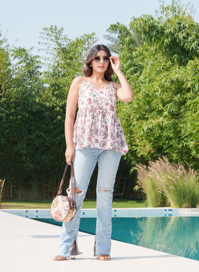 DW Floral Printed V-Neck Pure Cotton Peplum Tunic - Image 2