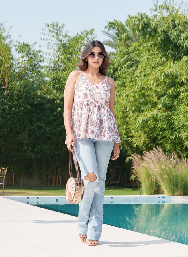 DW Floral Printed V-Neck Pure Cotton Peplum Tunic - Image 4