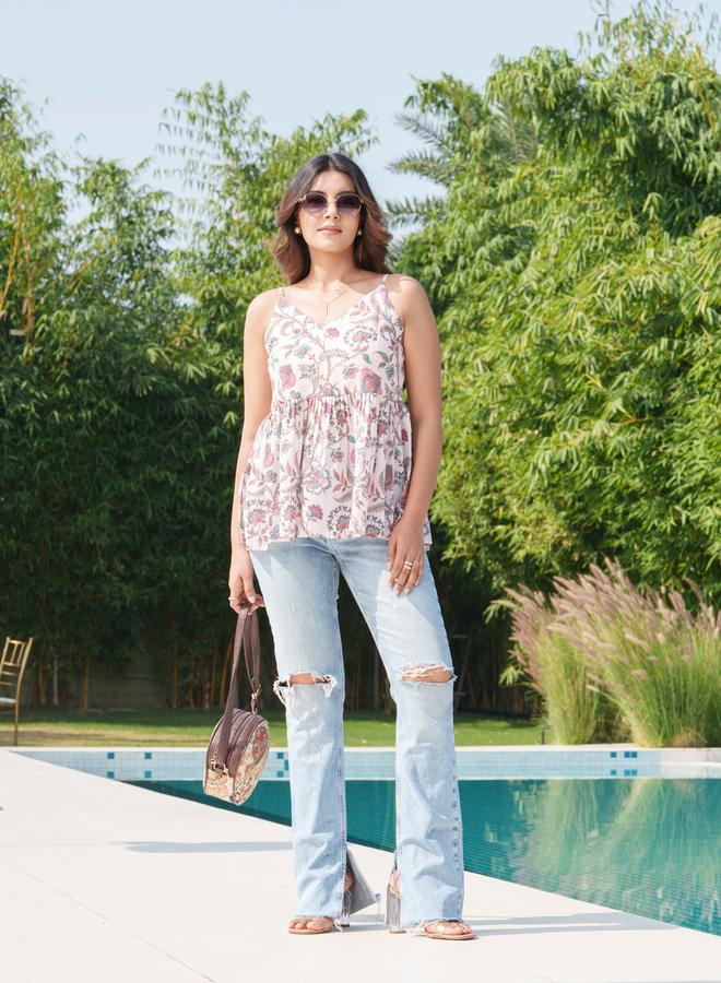 DW Floral Printed V-Neck Pure Cotton Peplum Tunic - Image 5