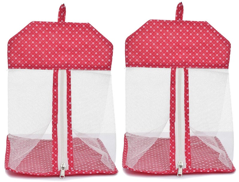Kuber Industries Kuber Industries Dot Printed Cotton Hanging Mesh Clothes Bag Organizer For Store Socks Underwear ClothespinsGadgetCosmeticGarlicOnion With Zipper Hanging Loop Pack of 2 Pink  - Image 1