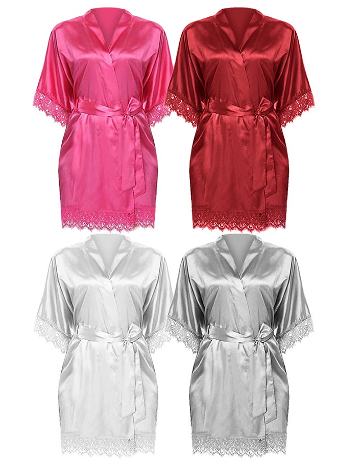 MARGOUN 4 Pack XXL Size Women Satin Robe Belted Silky Robe Sleepwear Bridal Robe Kimono Lace Sleeve Nightgown /XXL(bust:92-96/waist:76-80) - Image 3