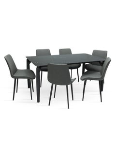KARNAK Modern Design Marble Dining Table Set (1 Table + 6 Chairs) with Leather Chairs Color BLACK GREY 190x90x75CM  - Image 1