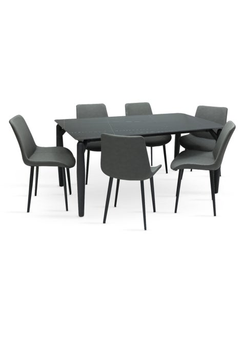 Modern Design Marble Dining Table Set (1 Table + 6 Chairs) with Leather Chairs Color BLACK GREY 190x90x75CM