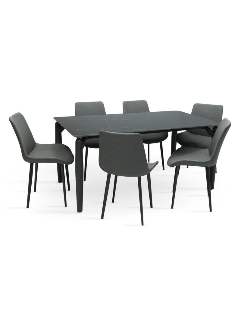 KARNAK Modern Design Marble Dining Table Set (1 Table + 6 Chairs) with Leather Chairs Color BLACK GREY 190x90x75CM  - Image 1