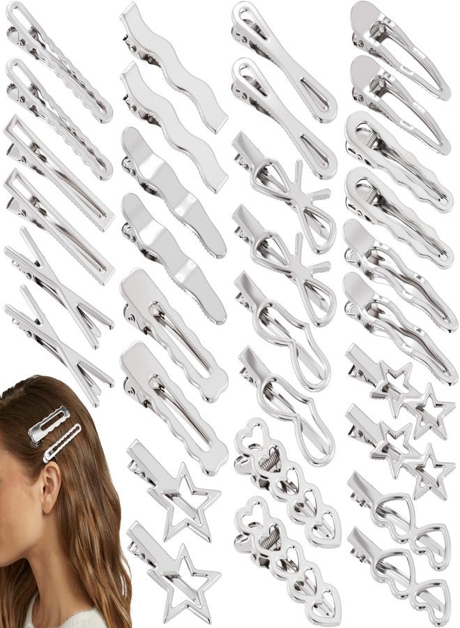 Lekgavd 32pcs Star Heart Metal Hair Clips, 16 Styles Silver Hair Clip Alligator Barrettes, Bow Wavy Non-Slip 2000s Hair Accessories for Women Daily, Party - Image 1