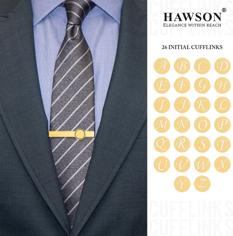 HAWSON 2 inch Tie Clips and Cufflinks Sets for Men A-Z Gold Engraved Letter Cufflinks and Tie Clips Sets for Formal Business Wedding - Image 2