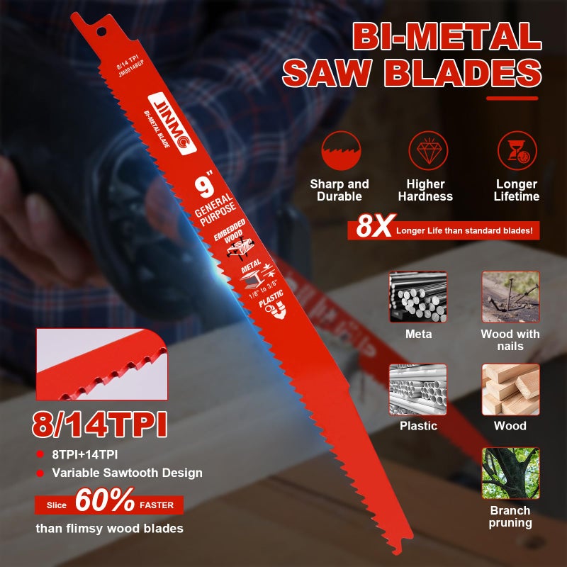 jinmg 10 Pack 9 Inch 8/14TPI Reciprocating Saw Blades for Wood and Nail-Embedded Wood Demolition, Metal Cutting for 1/8-3/8 Medium Metals and PVC Pallets etc.- Compatible with Diablo Bi-Metal Sawzall Blades - Image 2