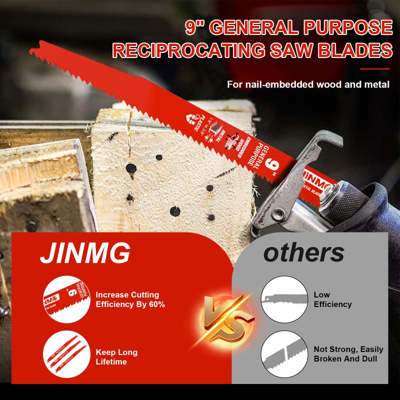 jinmg 10 Pack 9 Inch 8/14TPI Reciprocating Saw Blades for Wood and Nail-Embedded Wood Demolition, Metal Cutting for 1/8-3/8 Medium Metals and PVC Pallets etc.- Compatible with Diablo Bi-Metal Sawzall Blades - Image 3