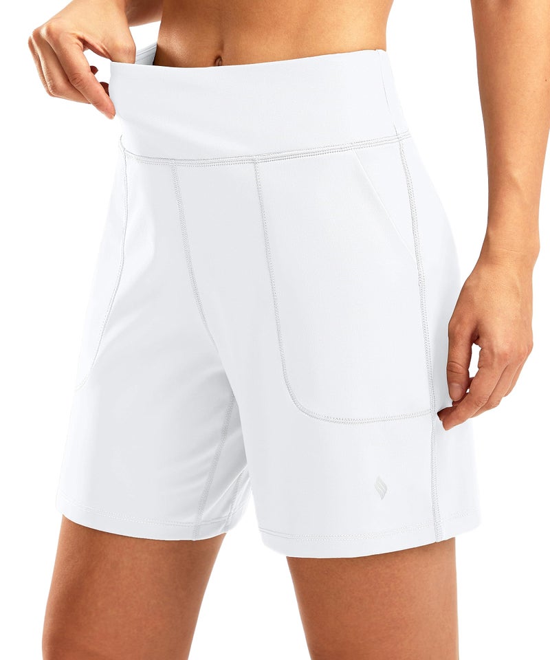 SANTINY Women's 6'' Athletic Long Shorts with 4 Pockets High Waisted Bermuda Shorts for Women Walking Running Casual (White_L) - Image 1