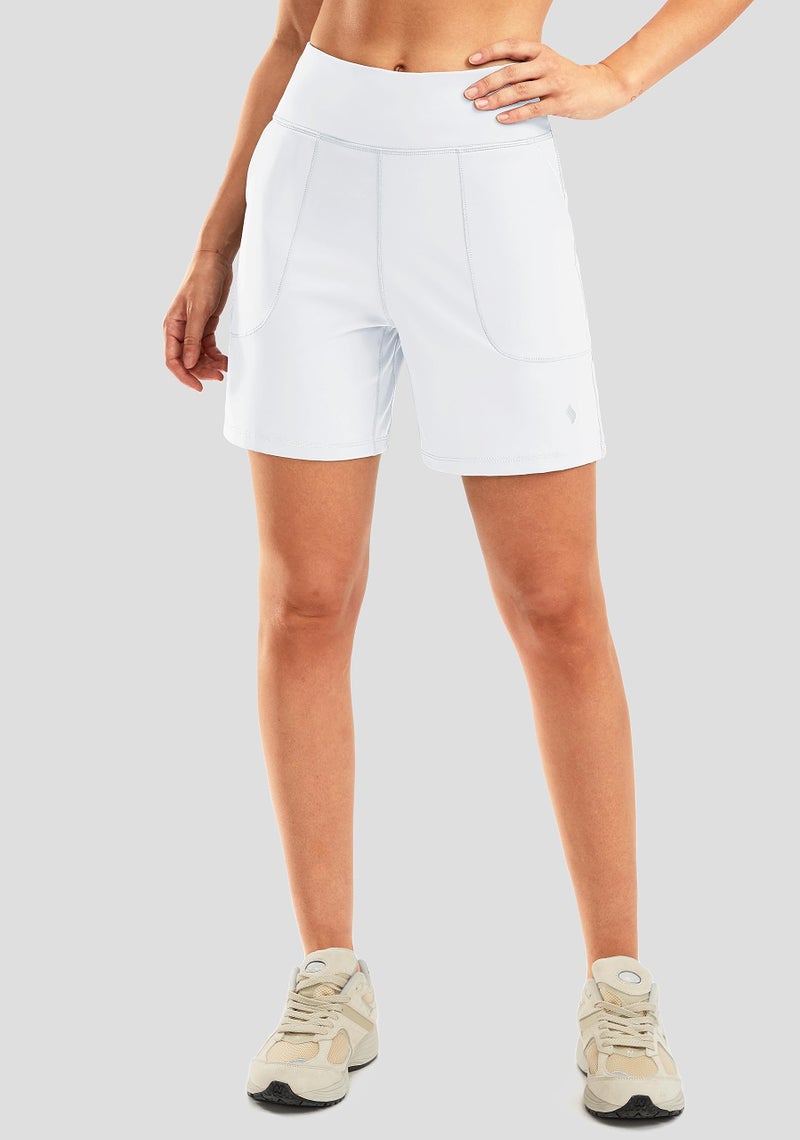 SANTINY Women's 6'' Athletic Long Shorts with 4 Pockets High Waisted Bermuda Shorts for Women Walking Running Casual (White_L) - Image 3