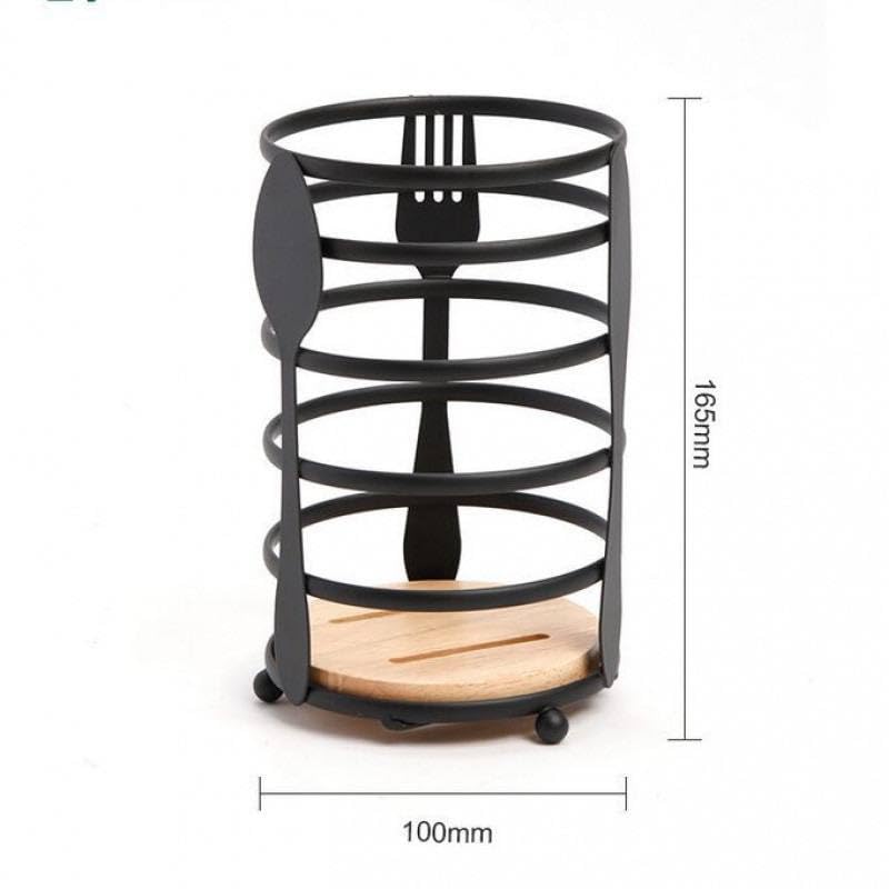 Generic Metal Utensil Holder Stand with Wooden Base, Kitchen Organiser, Black -za - Image 1